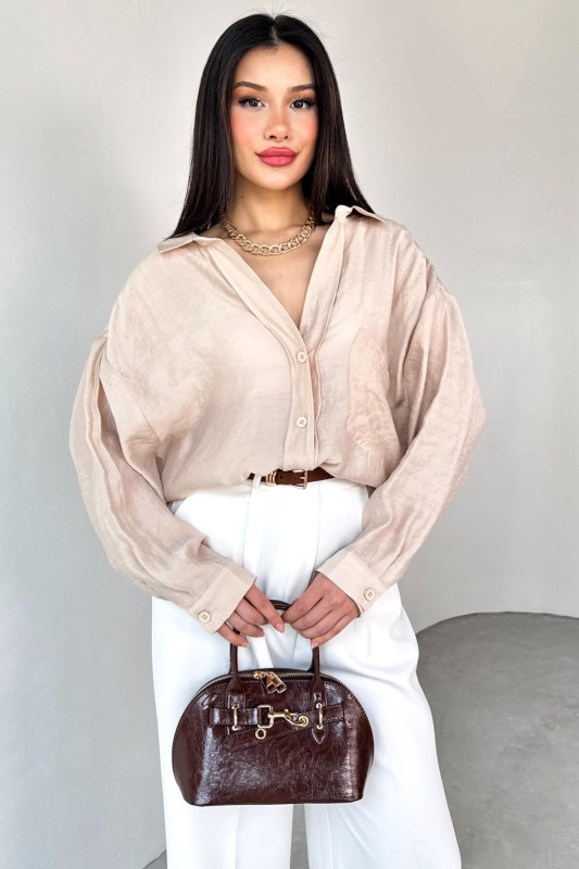 GML-4612 Taş Rengi Düşük Omuzlu Oversize Gömlek