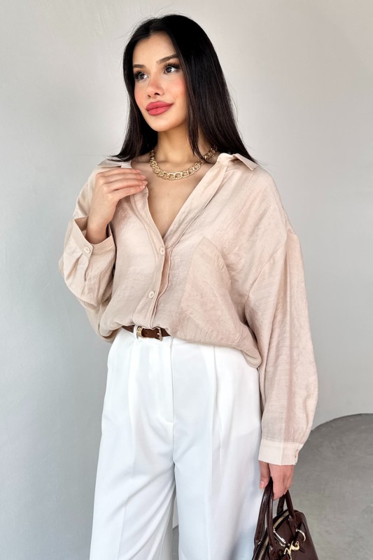 GML-4612 Taş Rengi Düşük Omuzlu Oversize Gömlek