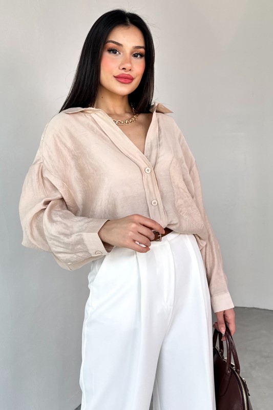 GML-4612 Taş Rengi Düşük Omuzlu Oversize Gömlek