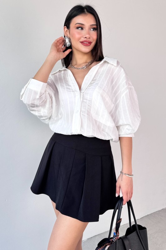 GML-4758 Beyaz İnce Çizgili Oversize Gömlek 