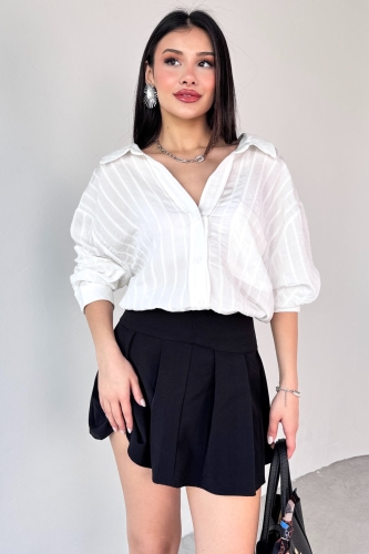 Cappmoda - GML-4758 Beyaz İnce Çizgili Oversize Gömlek (1)