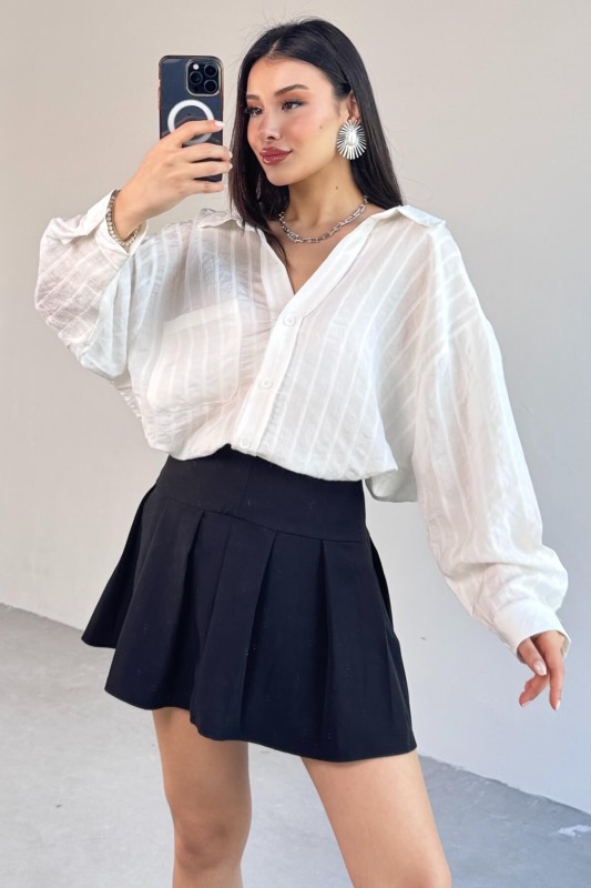 GML-4758 Beyaz İnce Çizgili Oversize Gömlek 
