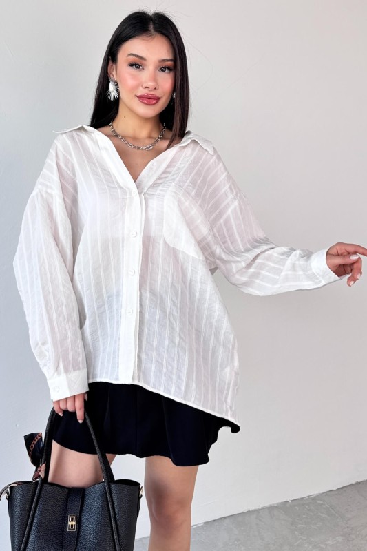 GML-4758 Beyaz İnce Çizgili Oversize Gömlek 