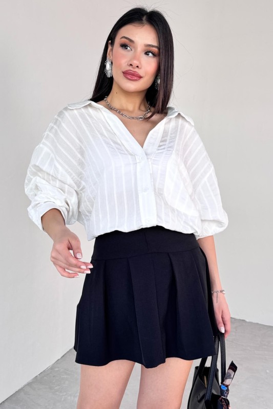 GML-4758 Beyaz İnce Çizgili Oversize Gömlek 