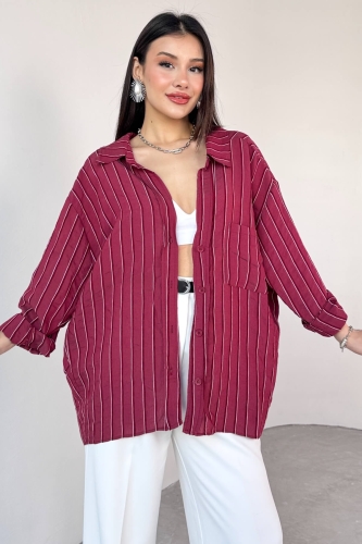 Cappmoda - GML-4758 Bordo İnce Çizgili Oversize Gömlek (1)