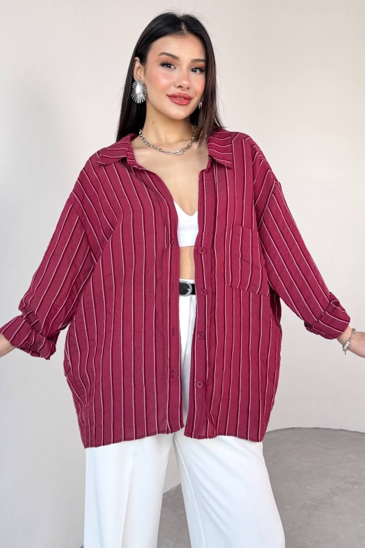 GML-4758 Bordo İnce Çizgili Oversize Gömlek 