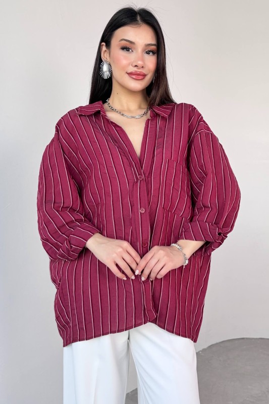 GML-4758 Bordo İnce Çizgili Oversize Gömlek 