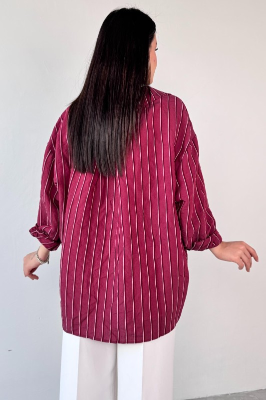 GML-4758 Bordo İnce Çizgili Oversize Gömlek 