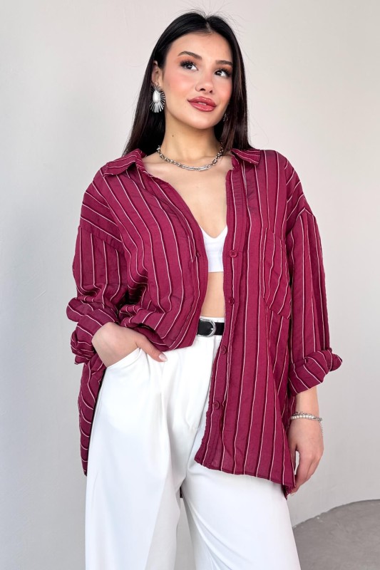 GML-4758 Bordo İnce Çizgili Oversize Gömlek 