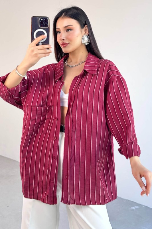GML-4758 Bordo İnce Çizgili Oversize Gömlek 