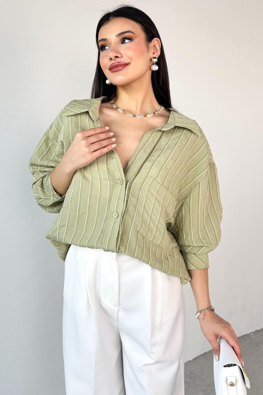 GML-4758 Haki İnce Çizgili Oversize Gömlek 