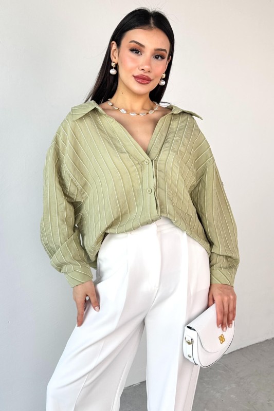 GML-4758 Haki İnce Çizgili Oversize Gömlek 