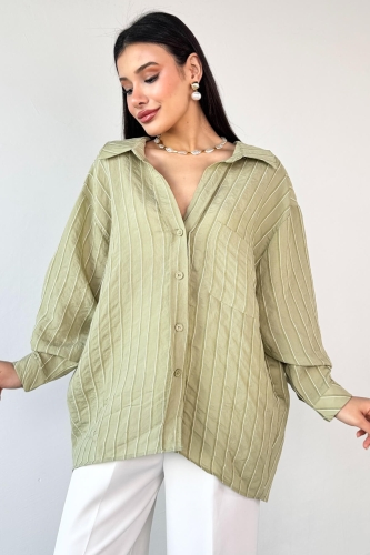Cappmoda - GML-4758 Haki İnce Çizgili Oversize Gömlek (1)