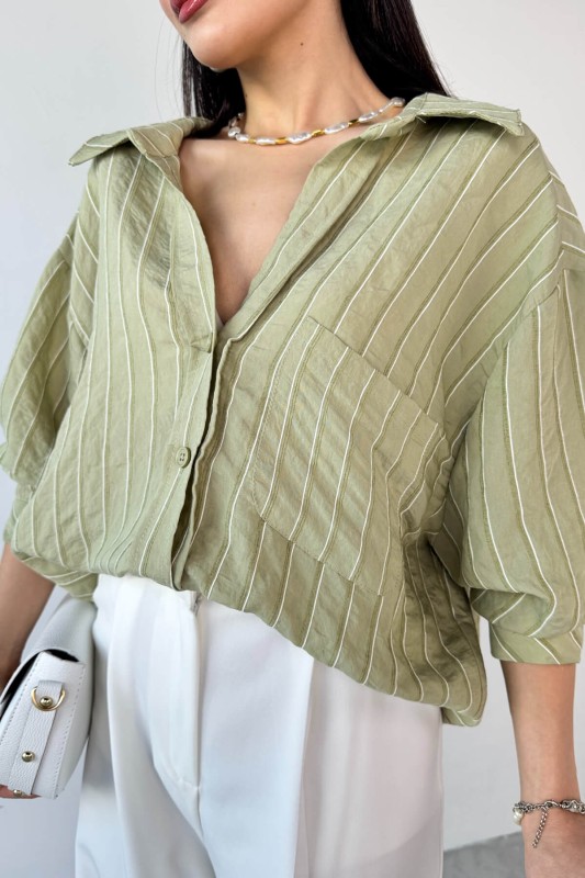 GML-4758 Haki İnce Çizgili Oversize Gömlek 