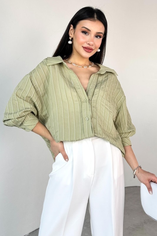 GML-4758 Haki İnce Çizgili Oversize Gömlek 