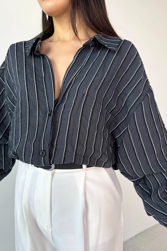 GML-4758 Siyah İnce Çizgili Oversize Gömlek 