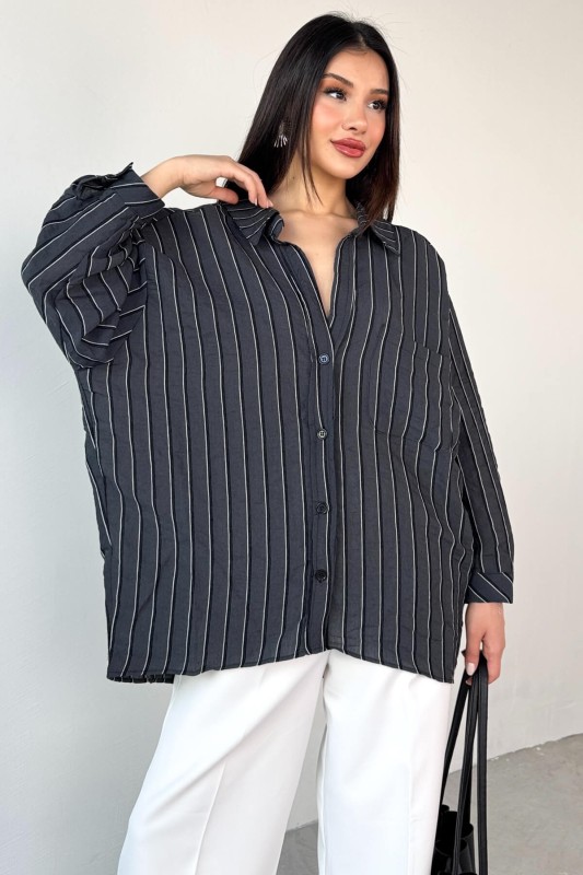 GML-4758 Siyah İnce Çizgili Oversize Gömlek 