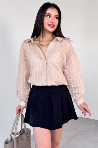 Cappmoda - GML-4758 Taş Rengi İnce Çizgili Oversize Gömlek (1)