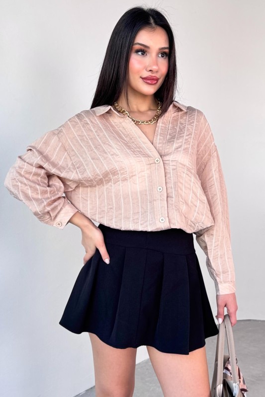 GML-4758 Taş Rengi İnce Çizgili Oversize Gömlek 