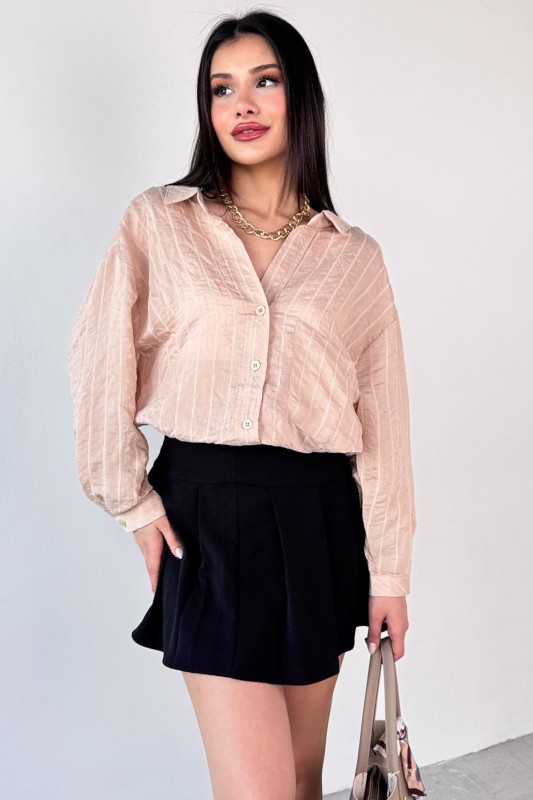 GML-4758 Taş Rengi İnce Çizgili Oversize Gömlek 