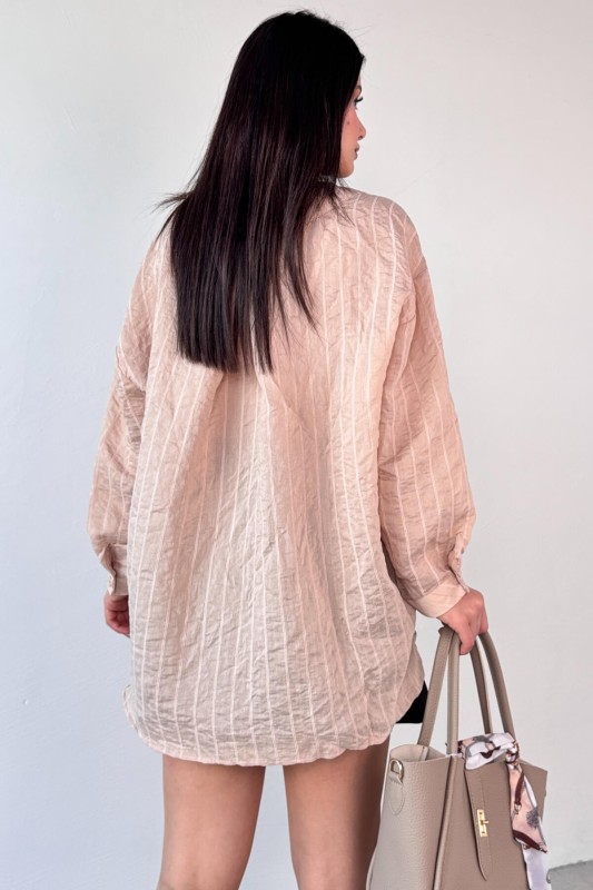 GML-4758 Taş Rengi İnce Çizgili Oversize Gömlek 