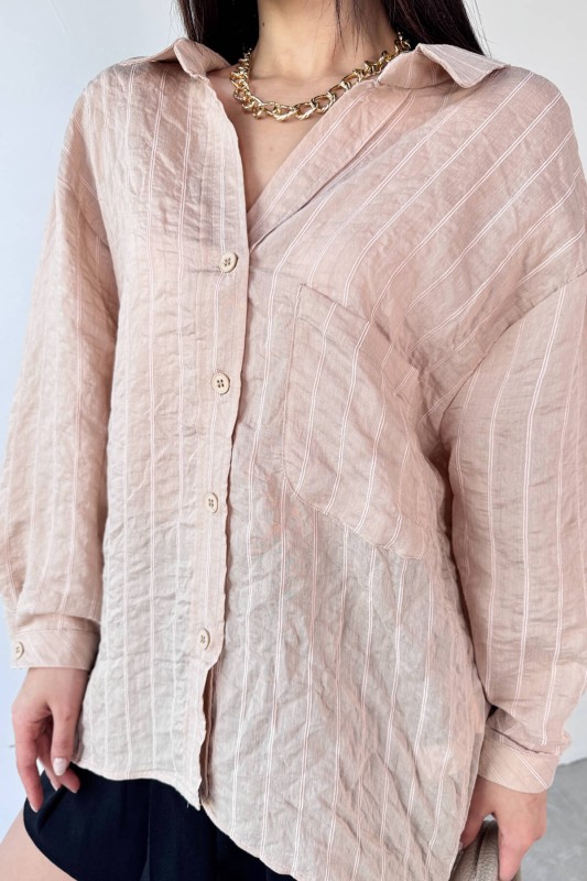 GML-4758 Taş Rengi İnce Çizgili Oversize Gömlek 