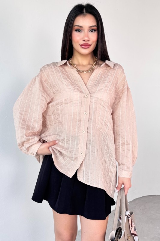 GML-4758 Taş Rengi İnce Çizgili Oversize Gömlek 