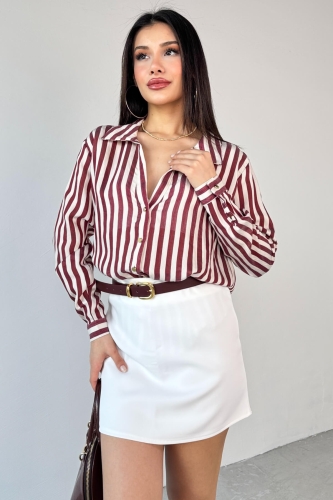 Cappmoda - GML-4966 Bordo Çizgili Gold Düğme Detaylı Gömlek (1)