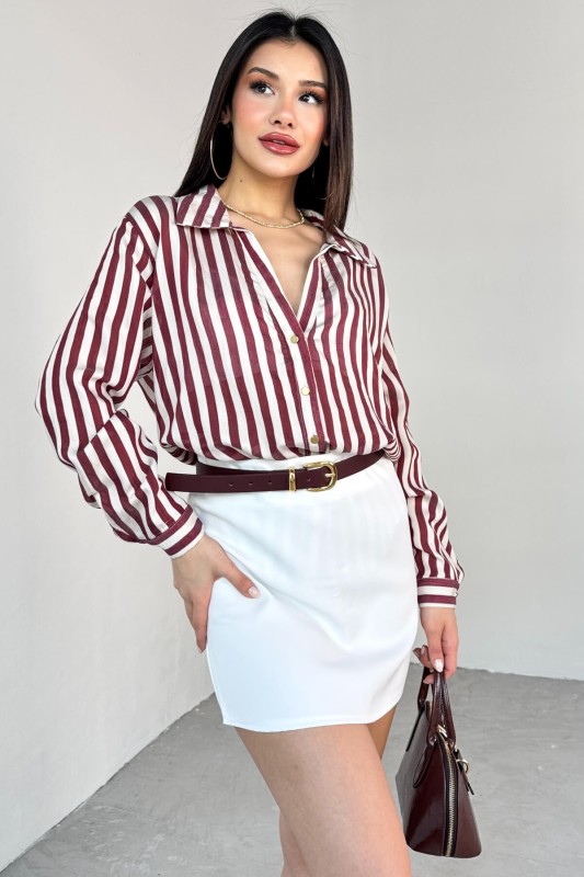 GML-4966 Bordo Çizgili Gold Düğme Detaylı Gömlek 