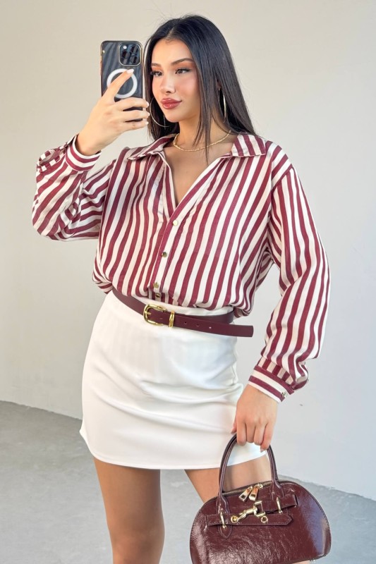 GML-4966 Bordo Çizgili Gold Düğme Detaylı Gömlek 