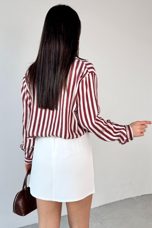 GML-4966 Bordo Çizgili Gold Düğme Detaylı Gömlek 