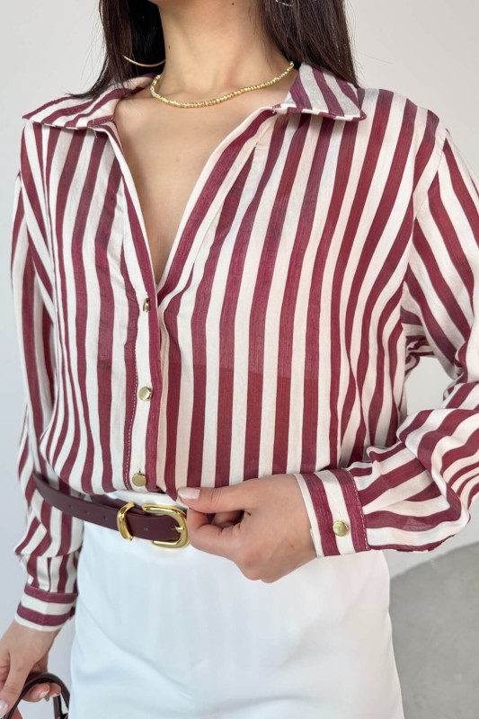 GML-4966 Bordo Çizgili Gold Düğme Detaylı Gömlek 