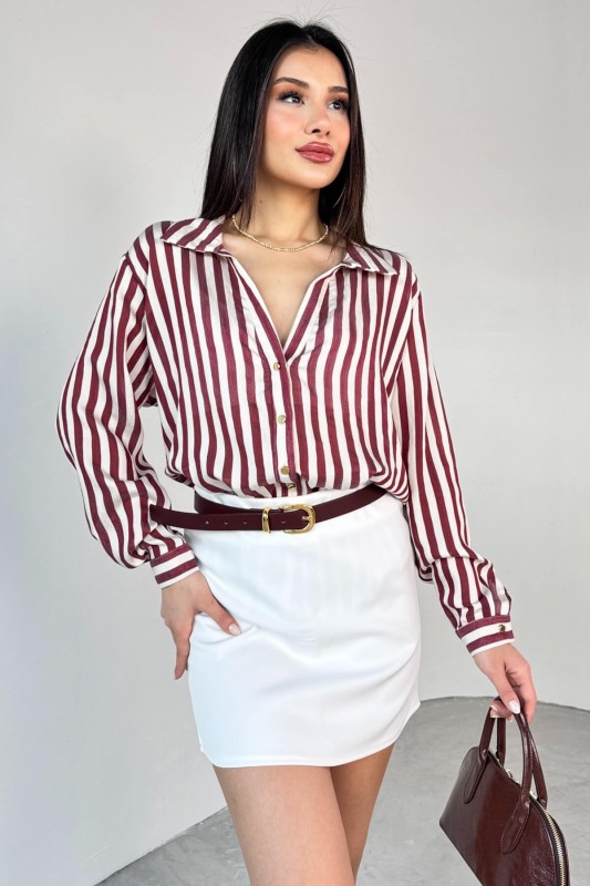 GML-4966 Bordo Çizgili Gold Düğme Detaylı Gömlek 