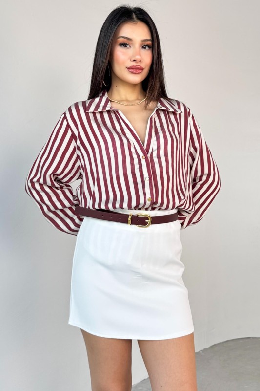 GML-4966 Bordo Çizgili Gold Düğme Detaylı Gömlek 