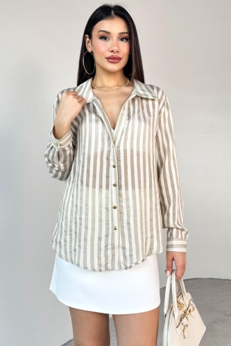 Cappmoda - GML-4966 Haki Çizgili Gold Düğme Detaylı Gömlek (1)