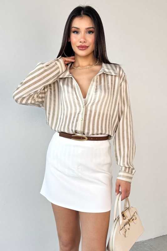 GML-4966 Haki Çizgili Gold Düğme Detaylı Gömlek 