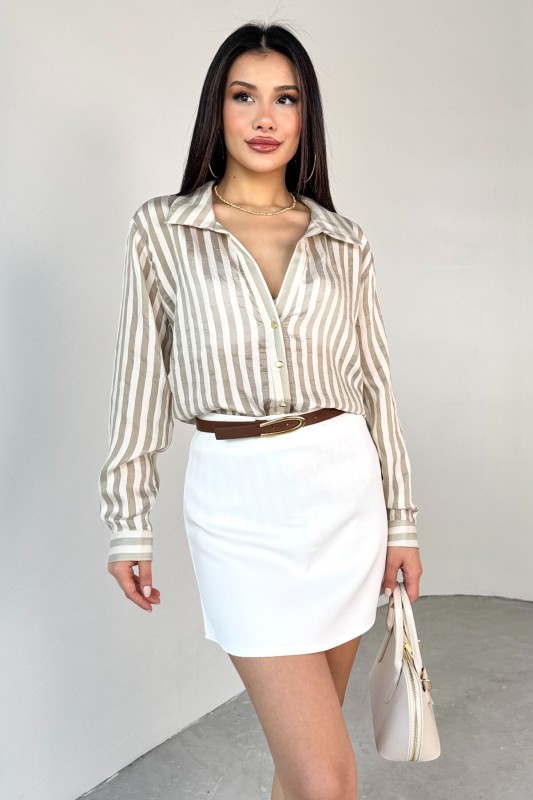 GML-4966 Haki Çizgili Gold Düğme Detaylı Gömlek 