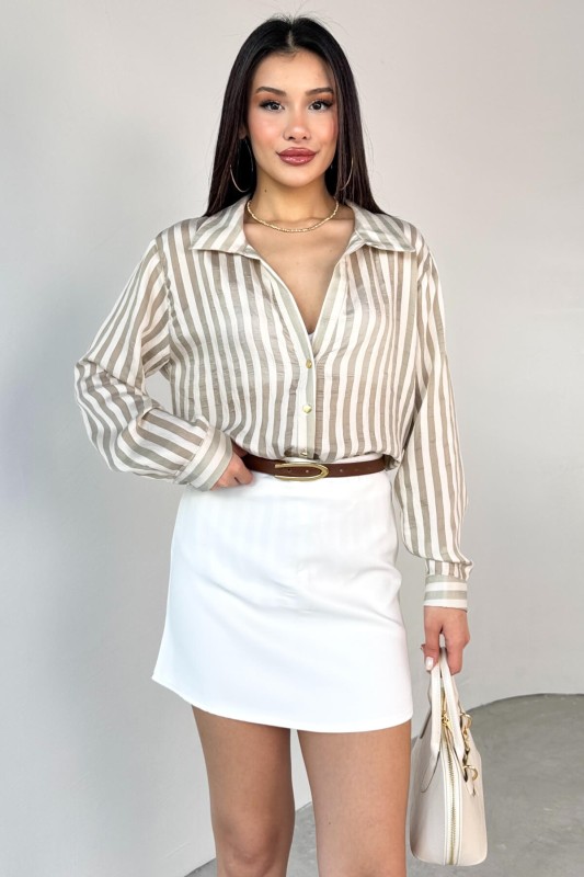 GML-4966 Haki Çizgili Gold Düğme Detaylı Gömlek 