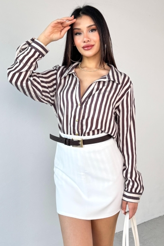 Cappmoda - GML-4966 Mürdüm Çizgili Gold Düğme Detaylı Gömlek (1)
