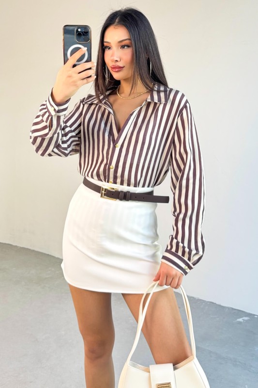 GML-4966 Mürdüm Çizgili Gold Düğme Detaylı Gömlek 