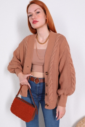 Cappmoda - HRK-19096 Vizon Örgü Desenli Oversize Hırka (1)