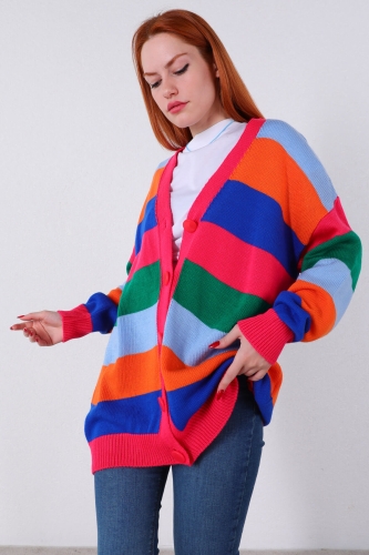 Cappmoda - HRK-19098 Çok Renkli Şeritli Uzun Düğmeli Triko Hırka (1)