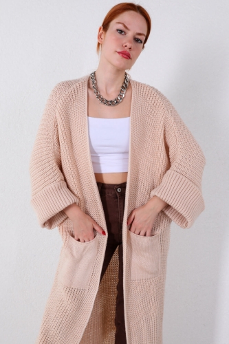 Cappmoda - HRK-19099 Krem Uzun Cep Detaylı Salaş Triko Hırka (1)