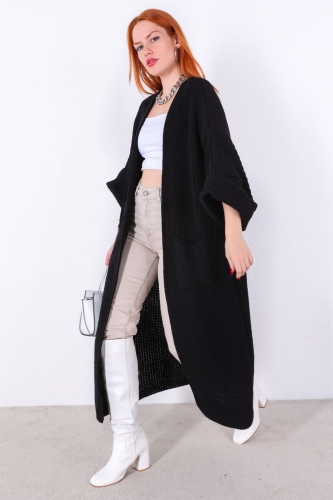 Cappmoda - HRK-19099 Siyah Uzun Cep Detaylı Salaş Triko Hırka (1)