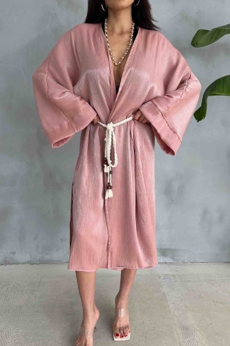 Cappmoda - HRK-19102 Gül Kurusu Effect Saten Kumaş Halat Kuşaklı Uzun Kimono (1)