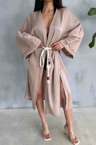 Cappmoda - HRK-19102 Vizon Effect Saten Kumaş Halat Kuşaklı Uzun Kimono (1)