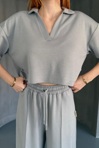 İND-1112 Boyama Gri Modal Kumaş Polo V Yaka Bluz 