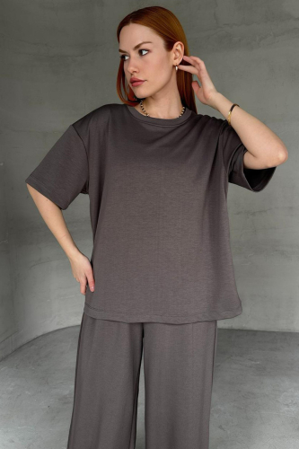 İND-1113 Antrasit Modal Kumaş Yarım Kol Basic Bluz 