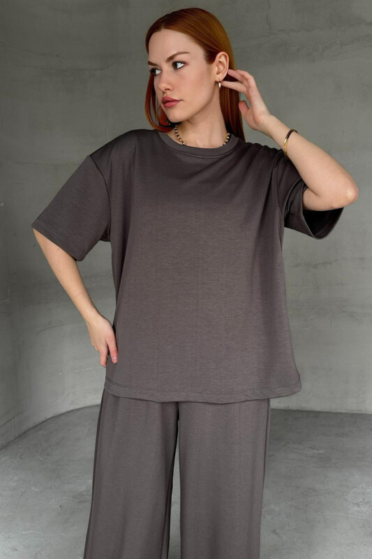 İND-1113 Antrasit Modal Kumaş Yarım Kol Basic Bluz - 1