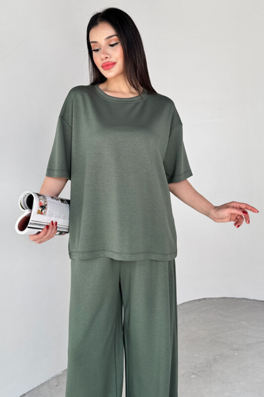 İND-1113 Haki Modal Kumaş Yarım Kol Basic Bluz - 1